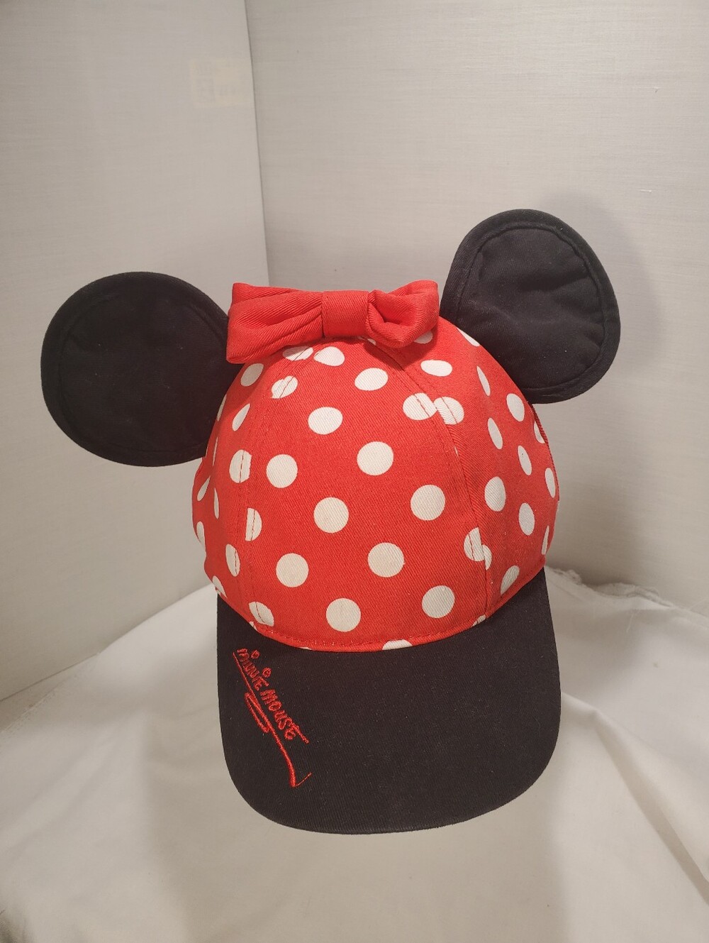 Disneyland Minnie Mouse Red White Polka Dot w/Ears Bow Adj Baseball Hat Youth